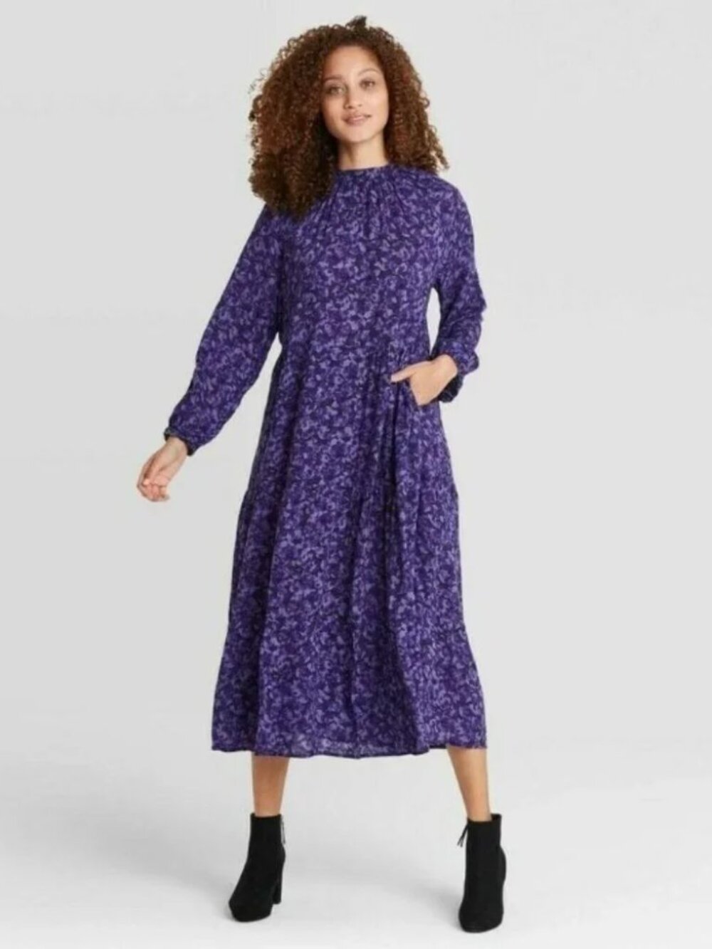 A New Day Purple Floral High-Neck Long Sleeve Midi Dress
